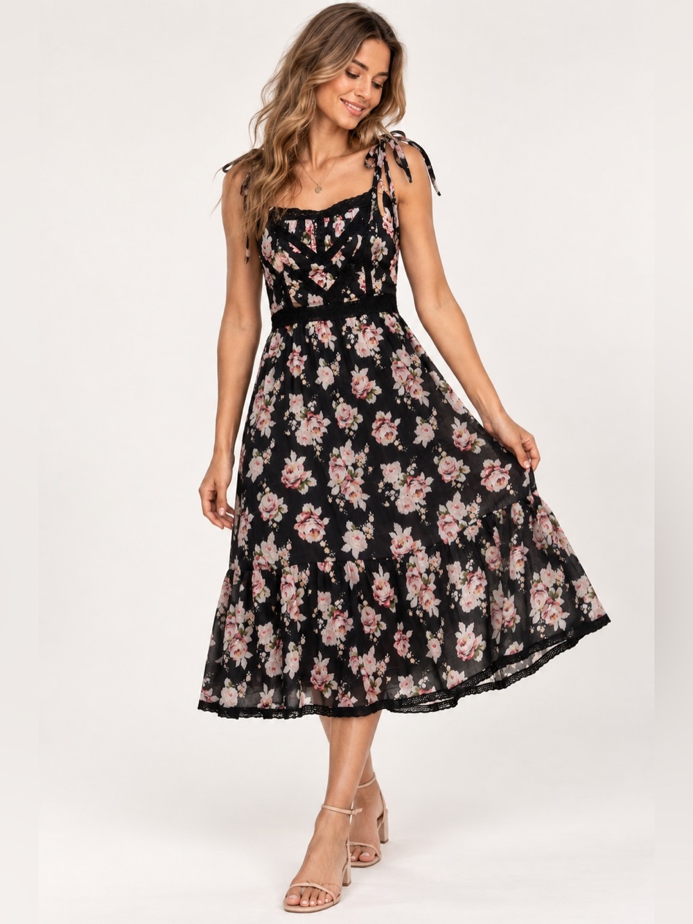 Abercrombie Fitch M Black Floral Midi Dress Lace Cottagecore Feminine Whimsical